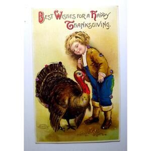 Thanksgiving Postcard Ellen Clapsaddle Mica Glitter Embossed Turkey Child German